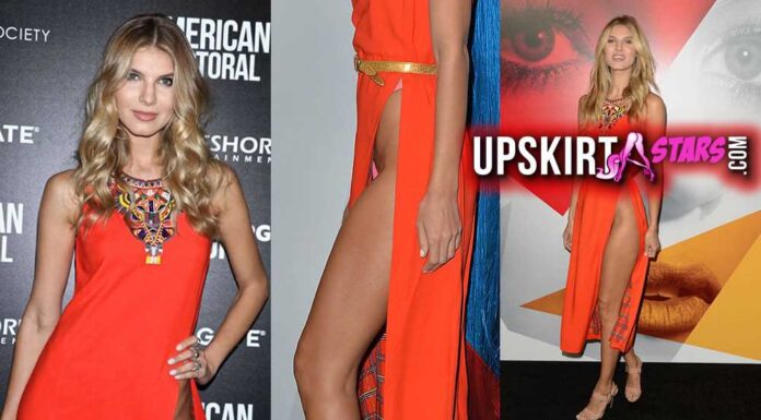 Ashley Haas’s panties are visible beneath the slit in her skirt