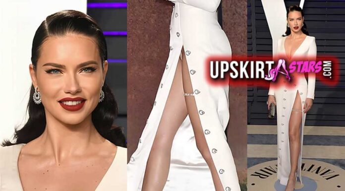 Adriana Lima’s white panties was visible through the high slit of the dress she wore to the Oscar party
