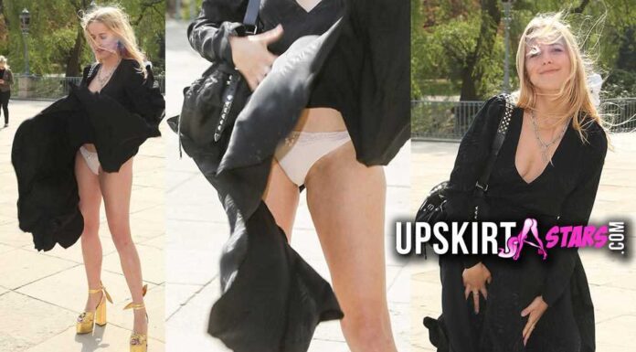 Jessica Kirchner’s skirt was blown open by the wind, revealing her white panties