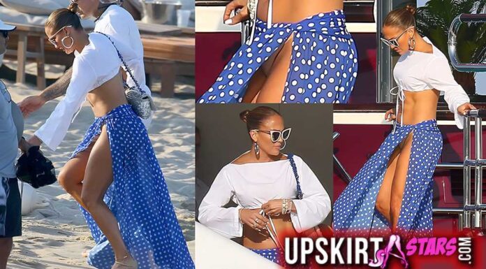 Jennifer Lopez’s panties was revealed through the slit of the maxi skirt she was wearing as she stepped off a yacht at Nikki Beach