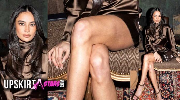 Kelsey Merritt showed off her gorgeous legs in a brown mini dress at NY Fashion Week