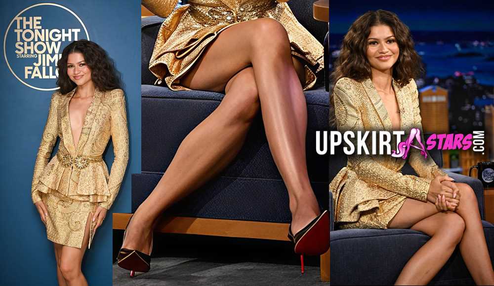 Zendaya showed off her gorgeous legs in a sexy, long-slit dress on the Fallon show-UPSKIRTSTARS